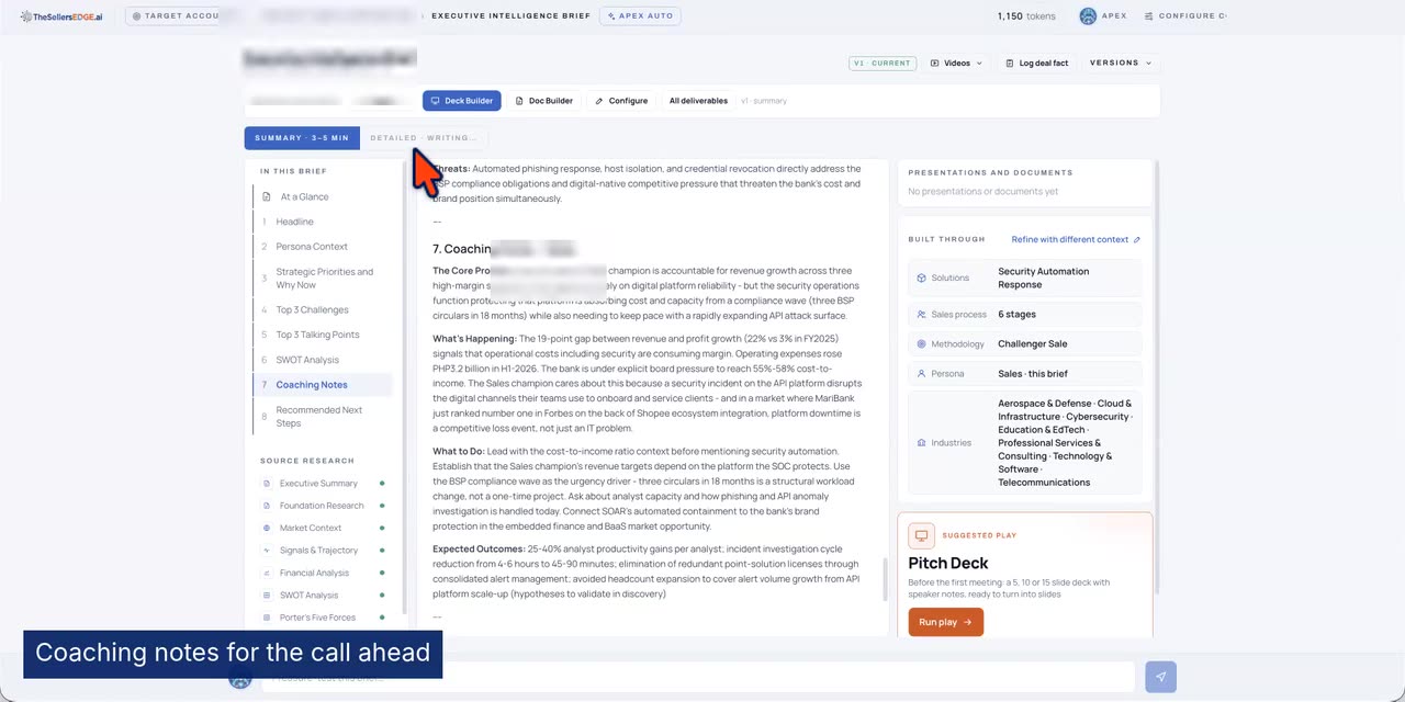 Still from the Executive Intelligence Brief — Summary Play running in TheSellersEdge.