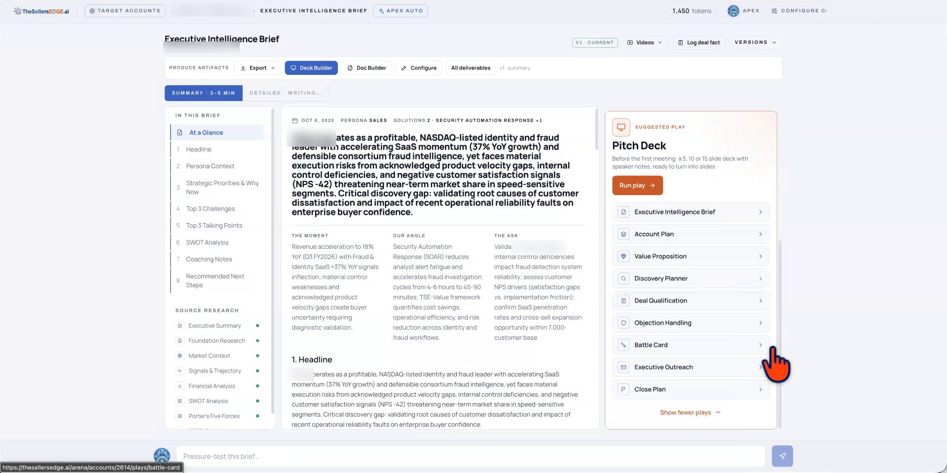 The researched account open in TheSellersEdge, with every Play listed one button away.